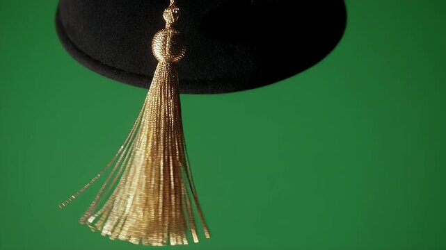 Close-up of a graduation cap tassel with gold threads hanging against a vibrant green background, symbolizing academic achievement