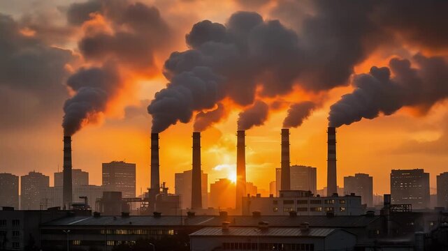 Sunset behind industrial smokestacks with dramatic clouds and vibrant sky contrast