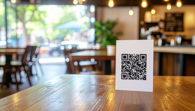 QR code paper on wooden table in a cozy cafe for ordering.