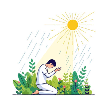 Man Praying in Nature Under Sunlight, Illustration