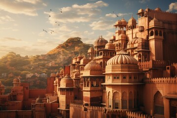 Fototapeta premium Majestic amer fort palace rising on a hillside with detailed architecture during sunset