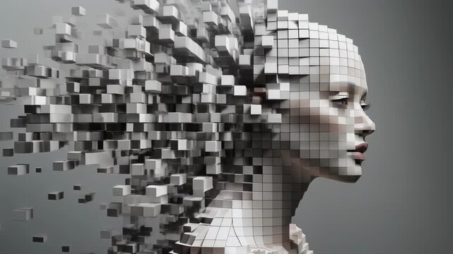 Mesmerizing video exploring human identity transformation through pixel art animation and digital effects