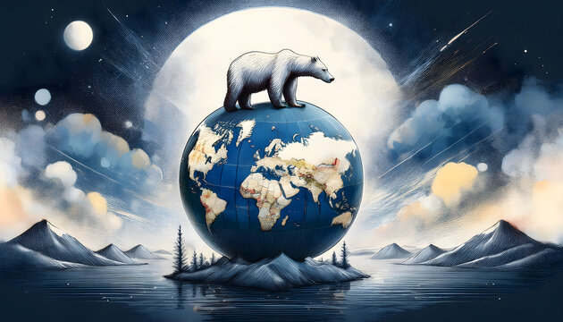Polar Bear Standing on Top of the World Globe Under a Full Moon
