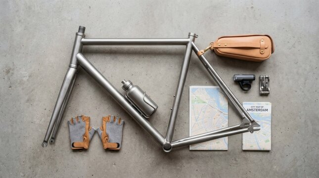 Minimalist Bicycle Frame and Cycling Gear Arranged on Gray Concrete Floor