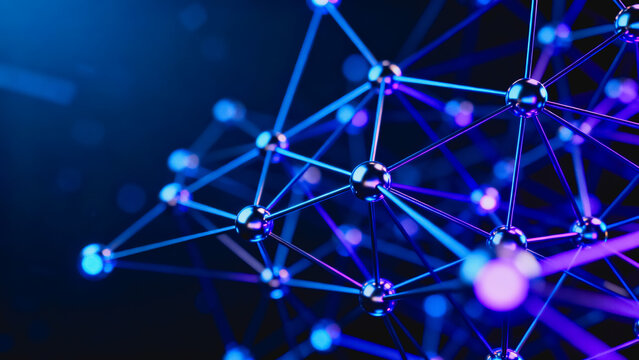 This 3D rendered visualization shows a glowing molecular neural network, with connected nodes and glowing lines in dark blue and purple tones, representing digital science and technology concepts.