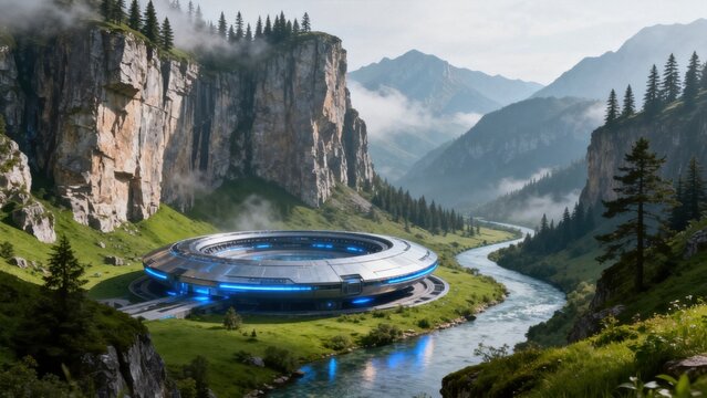 Futuristic circular building in mountain valley