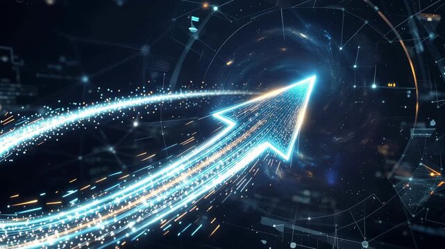 Dynamic light arrow moving towards a point in a digital space with abstract patterns and glowing elements at night