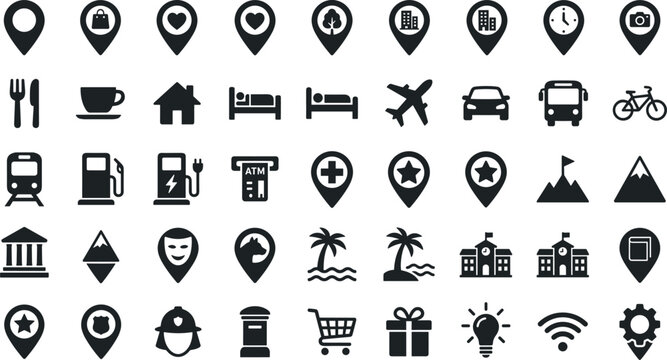 Map Pin Pointer and Travel Navigation Solid Glyph Icon Set with Hotel Transport Restaurant Hospital and Location Marker Vector Illustration