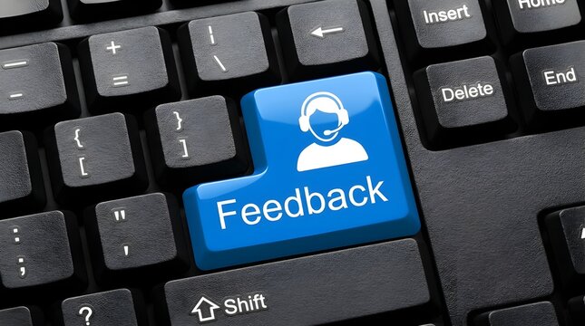 Blue feedback key on a modern computer keyboard with a customer service icon, representing online communication, support, and user engagement.