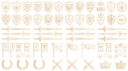 Medieval heraldry collection with heraldic shields swords banners. © GW