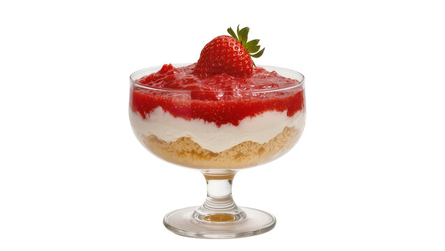 Strawberry parfait dessert with creamy layers and crumb base, isolated on transparent background