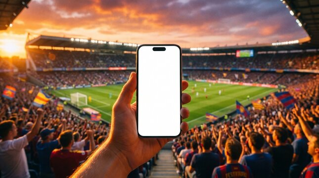 A hand holds a smartphone with a blank white screen in front of a packed football stadium at sunset. The crowd waves colorful red, yellow, and blue flags while watching a match on the green field.