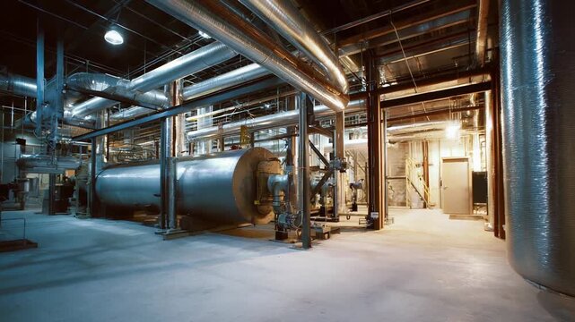 Industrial facility interior featuring a complex arrangement of large boilers, metal pipes, and ventilation ducts, creating a dynamic background for themes of energy, engineering, and manufacturing