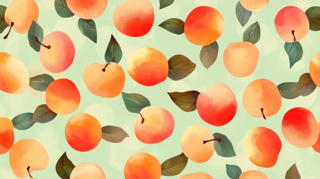 Seamless pattern of ripe peaches and leaves on a pastel green background.