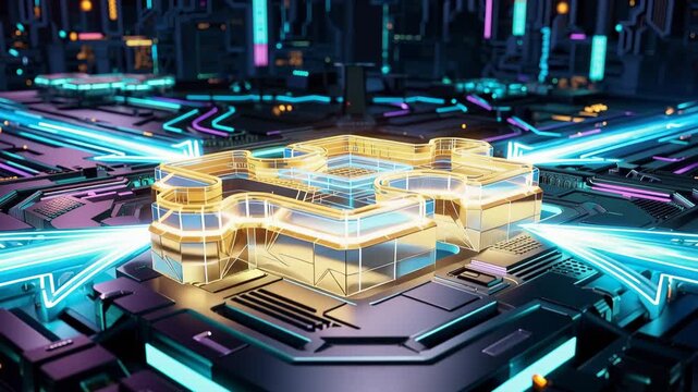 Neon puzzle graphic with arrows and connections in a futuristic digital city at night