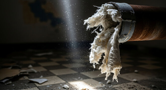 Dangerous Asbestos Insulation Fibers Protruding from Broken Pipe with Airborne Dust Particles in Sunlight Illustrating Health Hazards and Remediation Requirements