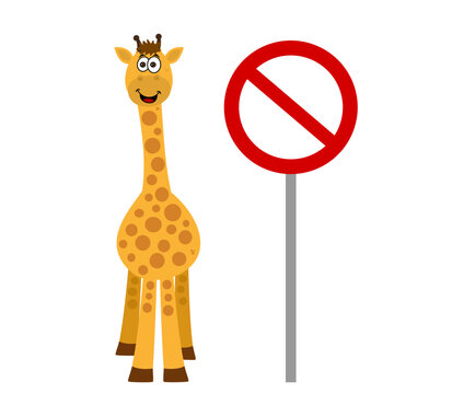 Cute giraffe front view with prohibition sign on white background - vector