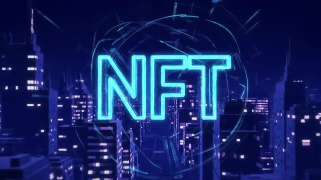 Glowing neon NFT text floating over a futuristic digital city skyline at night with blue light