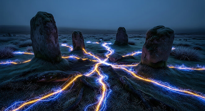HIPAA Compliance and Patient Privacy Security Concept Featuring Glowing Energy Networks Linking Standing Stones for Medical Data Protection Strategy