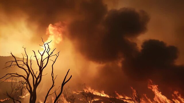 Hillside forest engulfed in intense flames and thick smoke, burning trees and scattering ash as a dramatic wildfire causes ecological devastation amid extreme heat and drought