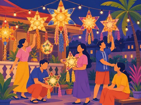 family celebrates christmas with star lanterns
