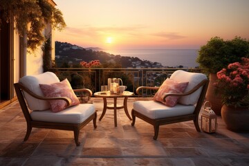 Obraz premium Luxury outdoor furniture arranged on a private terrace with a scenic ocean view at twilight