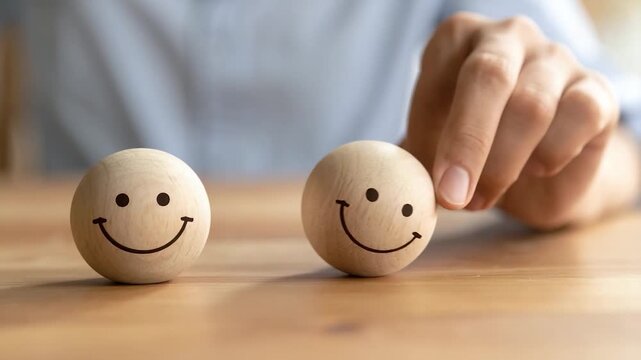 Smiling wood balls selected by hand on a desk show positive feedback
