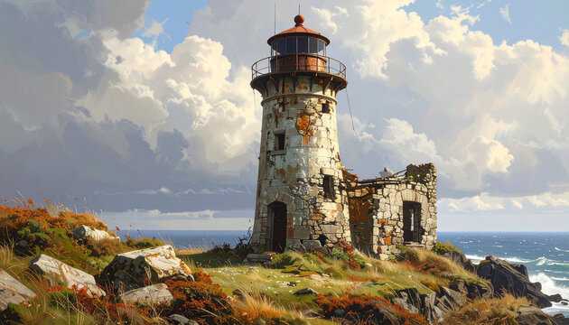 Weathered lighthouse coastal scene