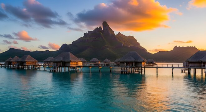 Bora bora overwater bungalows at sunset with mount otemanu in the background, french polynesia
