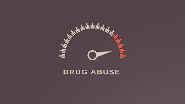 Drug abuse and addiction meter showing big levels. Dangerously increasing high values, critical overload. Too much, off the charts. Concept of substance addiction.