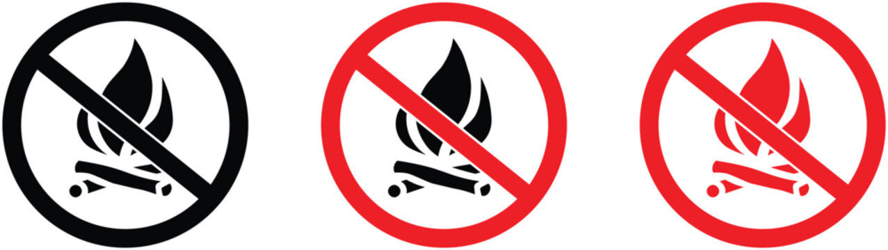 Set of no fire prohibition signs featuring crossed-out campfire and flame symbols.