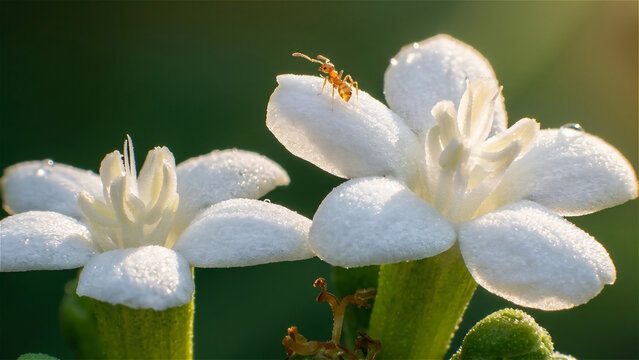macro, close up, arctic snow wrightia antidysenterica (jasmine/butter jasmine) flower, has a pure white color that is arranged symmetrically to form a star or pinwheel-like pattern.