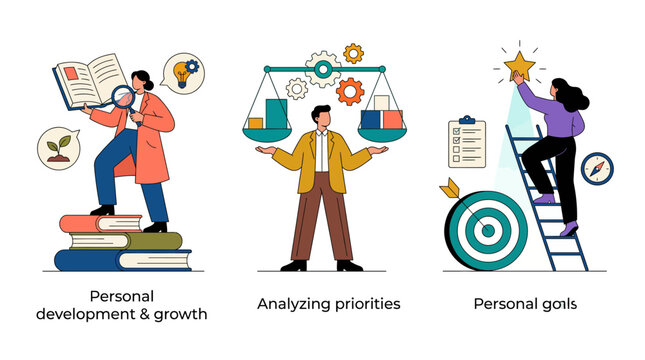 This image is a vibrant illustration focusing on personal development, growth, and priority analysis, intended to inspire individuals to pursue their goals effectively.