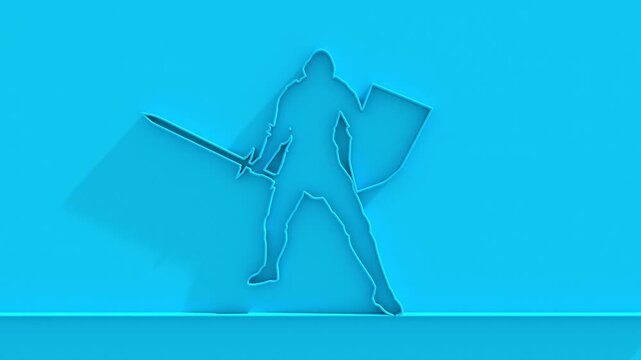 Medieval knight male warrior holding sword and shield. Hero wearing armor. Knight silhouette. Mascot and game element. Protection and security. Continuous line drawing animation.