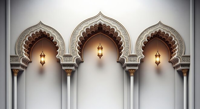 Intricate mosque arches with hanging lanterns on white wall background