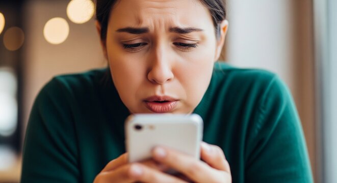 Young woman with a deeply worried and concerned expression intently staring at her smartphone, reacting to upsetting news or a difficult message received on her mobile device