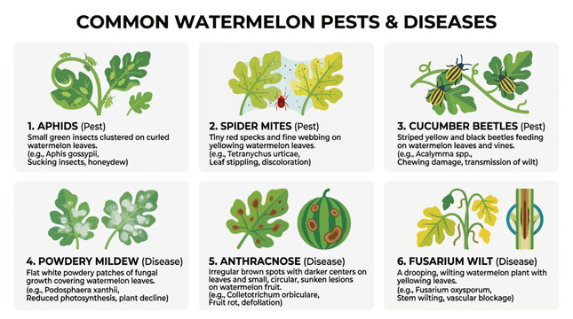 This educational image displays a detailed infographic guide identifying various common pests and diseases affecting healthy growing watermelon plant crops