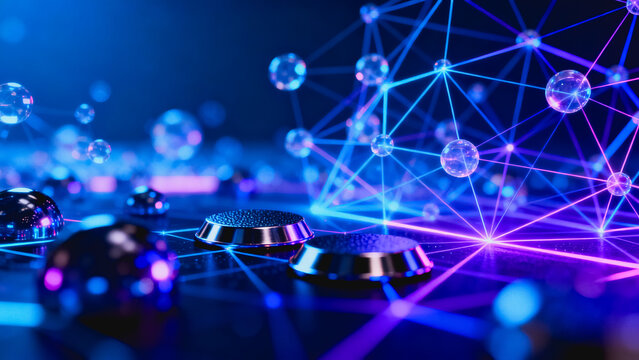 This 3D rendered tech background features glowing neon node network, glossy metallic nodes and abstract data connection visual for digital science concepts.