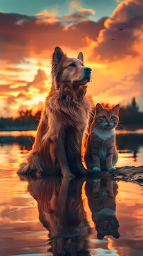 A proud dog sitting with cat beside it at sunset display proud companionship in sunset light, golden sky coastal pet photography.