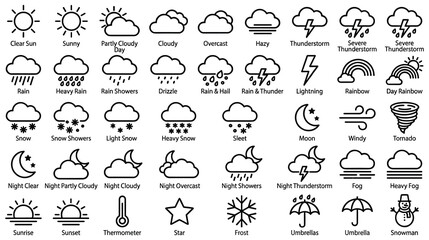 Naklejka premium Set of weather icons for meteorological forecast and digital report.