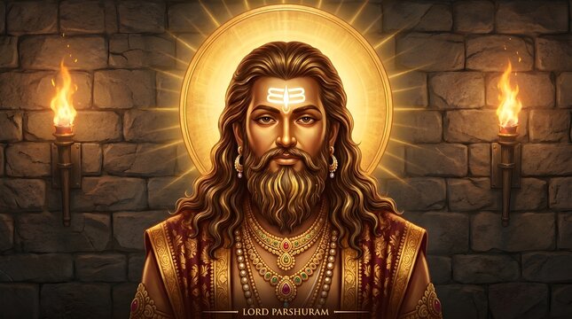 Lord Parshuram Divine Portrait in Temple Glow &ndash; Spiritual Warrior Sage with Radiant Aura and Trishul Symbol