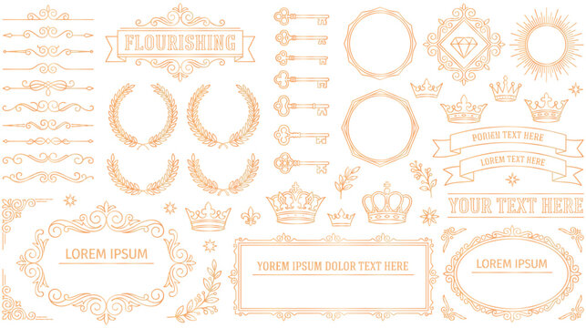 Set of gold flourish frames and royal decorative elements for design.