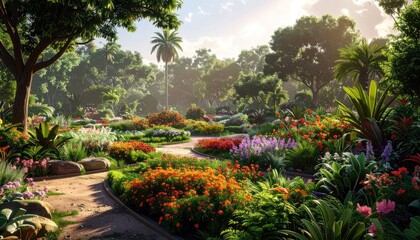 Obraz premium Vibrant garden scene with colorful flowers and lush greenery under sunlight