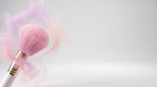 3D Pink Makeup Brush with Powder Light Grey Copy Space