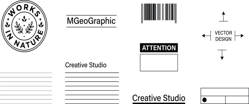 A graphic design studio logo features a circular emblem with a leaf, accompanied by a barcode and text on a white background with lines.