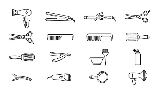 Hair Styling and Salon Tool Icon Set: Minimalist Outline Illustrations for Barbershop Equipment, Professional Hairdressing Supplies, Beauty Parlor Services, and Personal Grooming Symbols