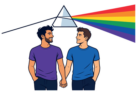 Two men holding hands rainbow.