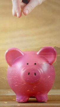 Vertical video: Hand entering above holding coin, dropping coin into pink piggybank, saving money