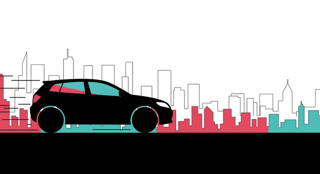 Black car in city silhouette driving.