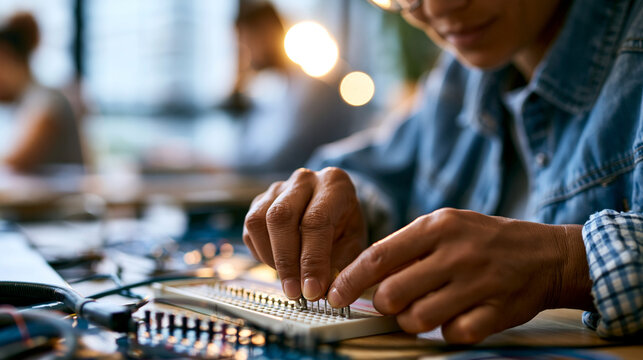 Close up of a student's hands carefully mounting a small circuit on a breadboard in a bright electronics classroom components inserted at precise positions the breadboard's grid